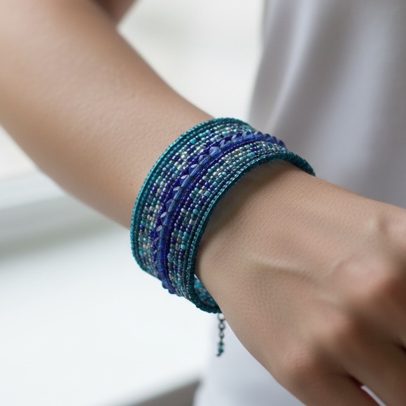 Multi‑Strand Seed Bead Open Cuff Bracelet – Shades of Blue & Gray - Picture 4 of 11